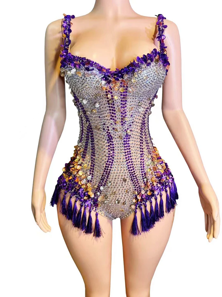 Fashion Plastic Shell Decoration Dark Purple Tassels Women Bodysuit Party Show Photo Shoot Wear Sing Dance Stage Performance
Fashion Plastic Shell Decoration Dark Purple Tassels Women Bodysuit Party Show Photo Shoot Wear Sing Dance Stage Performance