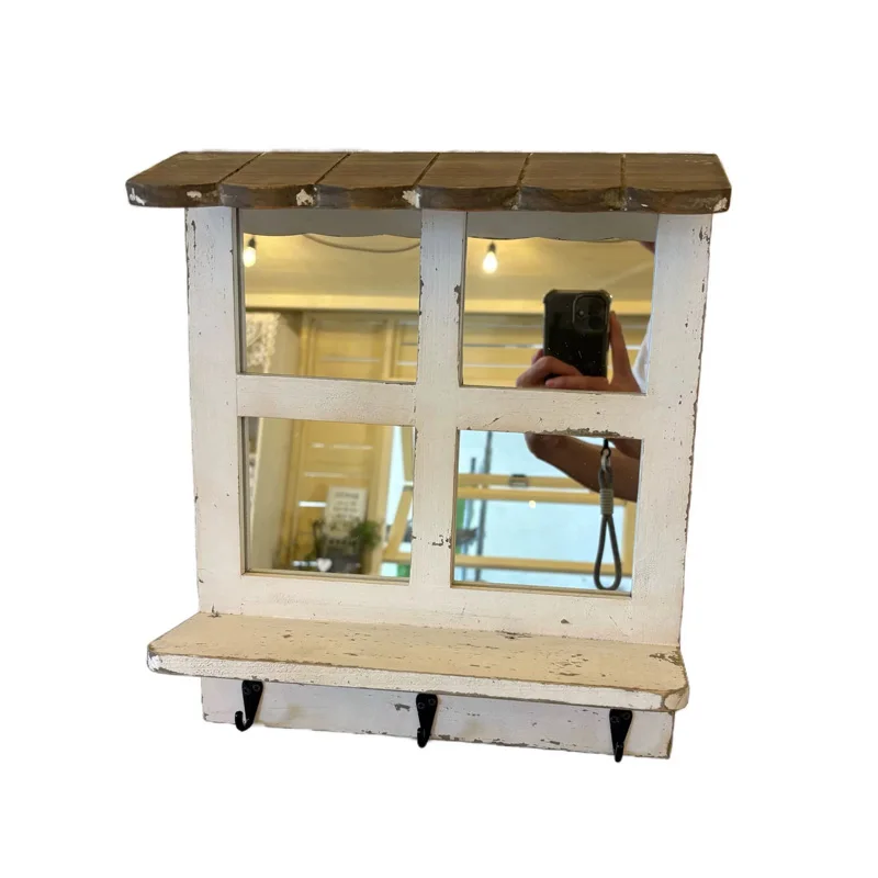 Vintage Window Frame Wall Mirror, Distressed White and Brown Wood,Farmhouse Style with Storage Hooks, Rustic Wall Mounted Decor
Vintage Window Frame Wall Mirror, Distressed White and Brown Wood,Farmhouse Style with Storage Hooks, Rustic Wall Mounted Decor