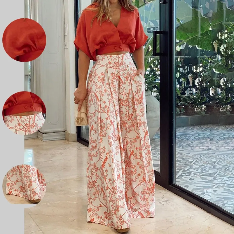 【New style】2026 new spring dress women's shirt top set V-neck printed wide-leg pants fashion set
【New style】2026 new spring dress women's shirt top set V-neck printed wide-leg pants fashion set