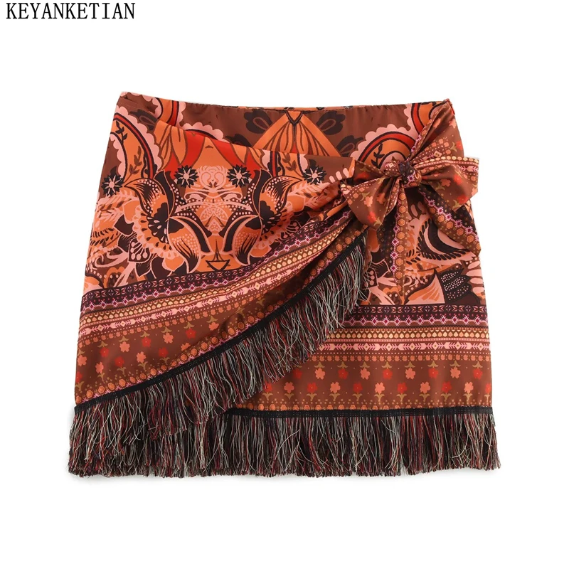 KEYANKETIAN New Holiday wind Front Knot Flower Print Skirt Women's Asymmetrical Tassel Decoration Zipper High Waist Mini Skirt
KEYANKETIAN New Holiday wind Front Knot Flower Print Skirt Women's Asymmetrical Tassel Decoration Zipper High Waist Mini Skirt