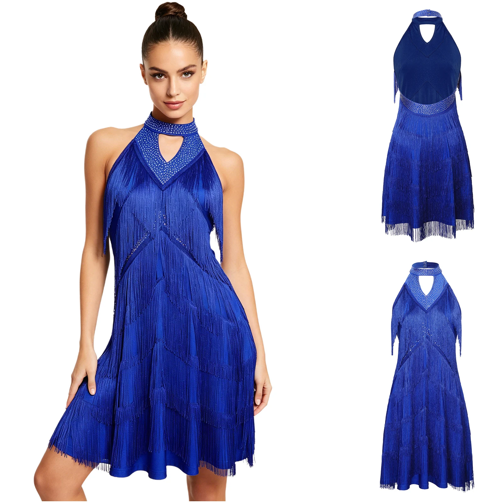Womens Female Latin Tango Dance Dress Rhinestones Tiered Tassel Backless Halter Fringed Dress for New Year Celebration Dance
Womens Female Latin Tango Dance Dress Rhinestones Tiered Tassel Backless Halter Fringed Dress for New Year Celebration Dance
