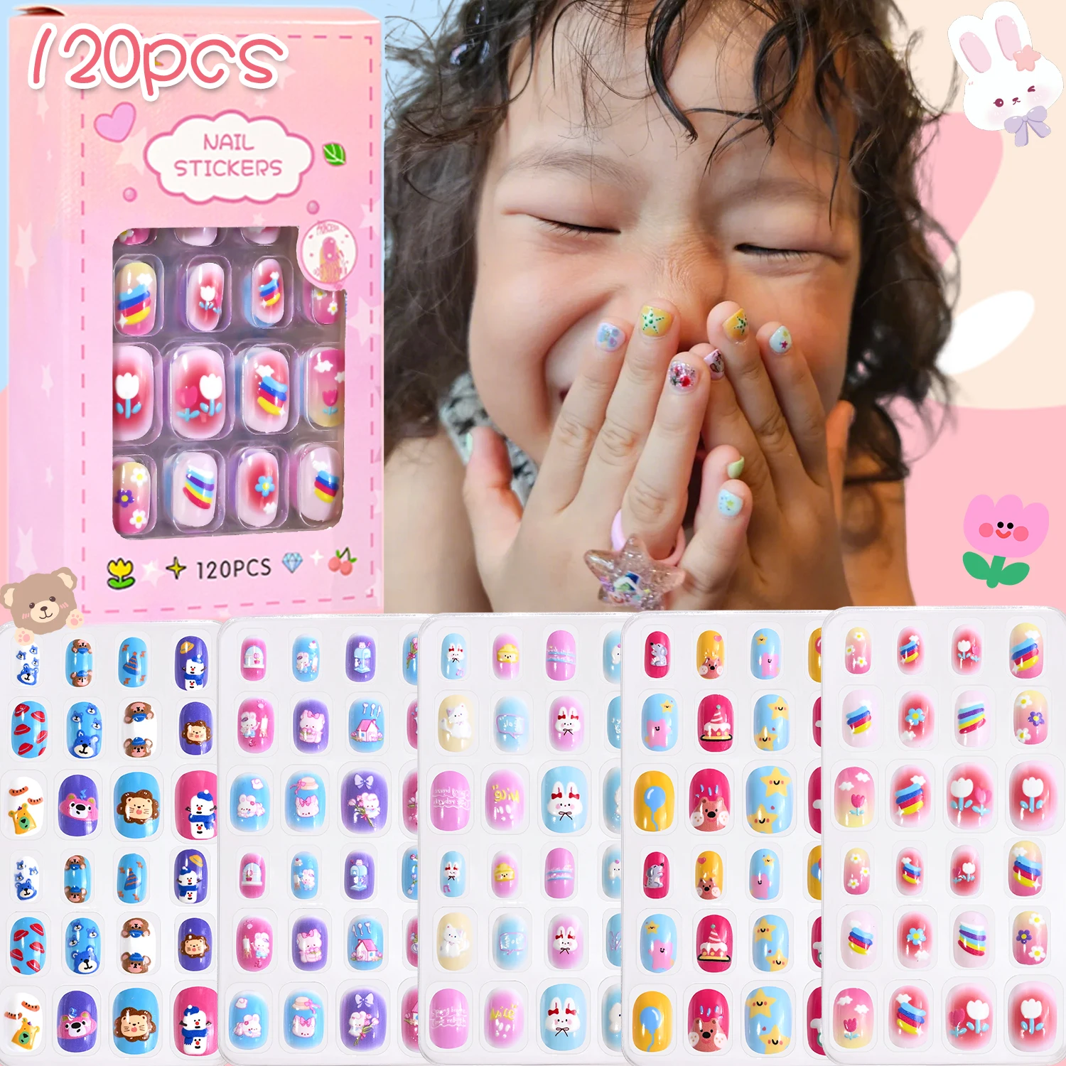 120pcs/Box Mixed 5Style Kawaii Cartoon Rabbit/Bear/Rainbow Children's Fake Nails 3D Cute Glossy Cake Snowman Kids Press On Nails
120pcs/Box Mixed 5Style Kawaii Cartoon Rabbit/Bear/Rainbow Children's Fake Nails 3D Cute Glossy Cake Snowman Kids Press On Nails