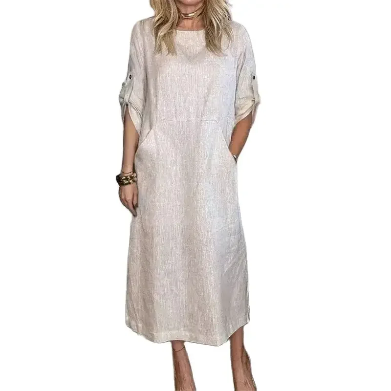 2024 Elegant Half Sleeve Button Patchwork Dresses Women Solid Color Cotton Linen Large Pocket Dress Female Casual Commuter Gown
2024 Elegant Half Sleeve Button Patchwork Dresses Women Solid Color Cotton Linen Large Pocket Dress Female Casual Commuter Gown