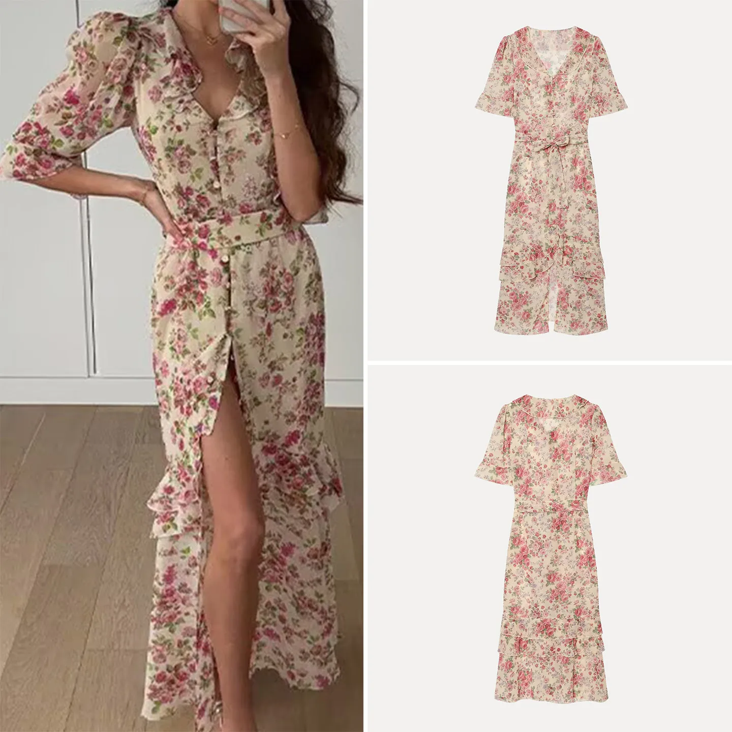 Fashionable Floral Print Dress Women's Summer Short Sleeve V-Neck Slim Fit Bubble Sleeve Casual Dress Ladies' Spring Autumn
Fashionable Floral Print Dress Women's Summer Short Sleeve V-Neck Slim Fit Bubble Sleeve Casual Dress Ladies' Spring Autumn