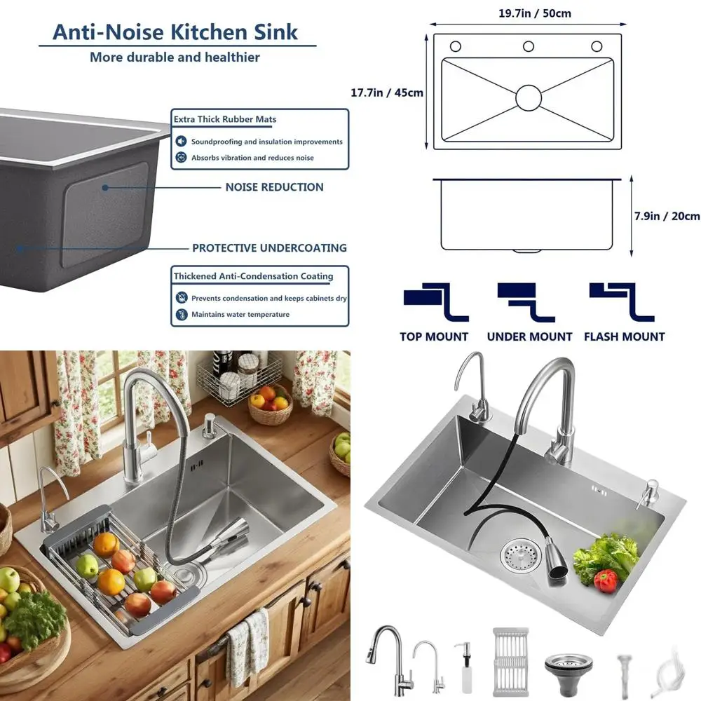 Кухонная мойка из нержавеющей стали с одинарной чашей, для установки сверху, с выдвижными элементами и множеством аксессуаров, 19.7x17.7 дюймов
Кухонная мойка из нержавеющей стали с одинарной чашей, для установки сверху, с выдвижными элементами и множеством аксессуаров, 19.7x17.7 дюймов