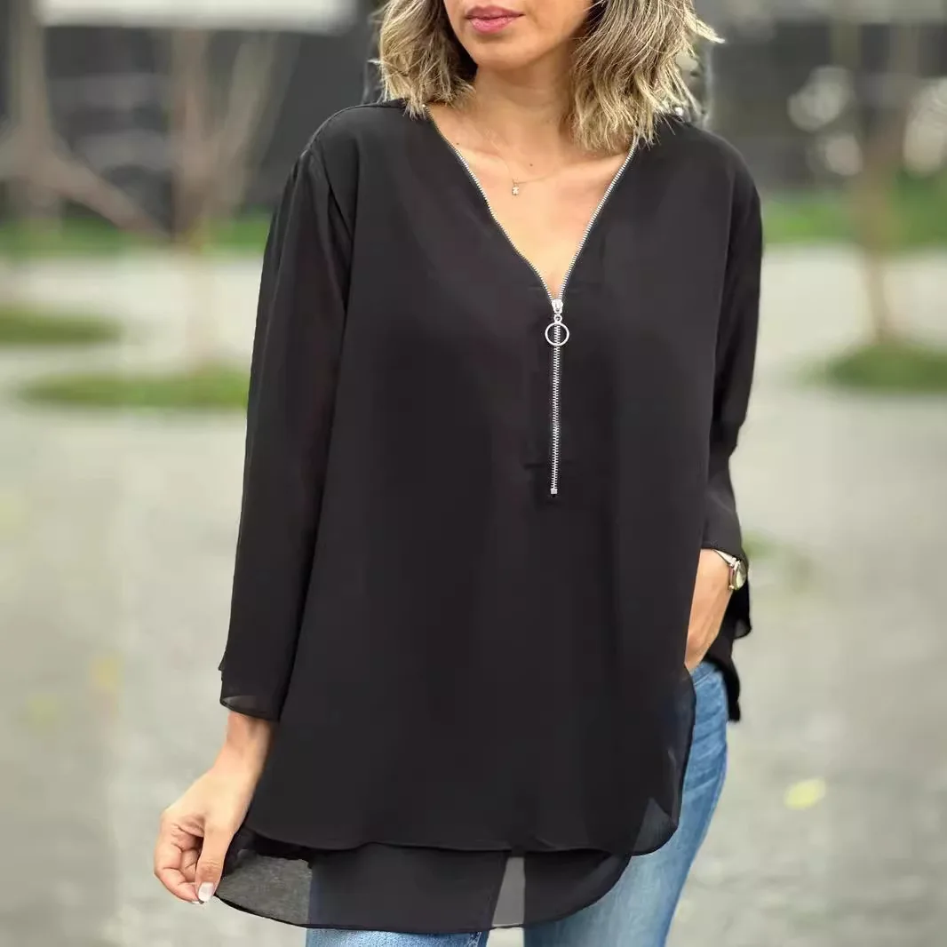 2025 Women's Shirt Loose V-neck Zipper Solid Color Fashion Top Simple Versatile Casual 7-point Sleeve Female's Blouse
2025 Women's Shirt Loose V-neck Zipper Solid Color Fashion Top Simple Versatile Casual 7-point Sleeve Female's Blouse
