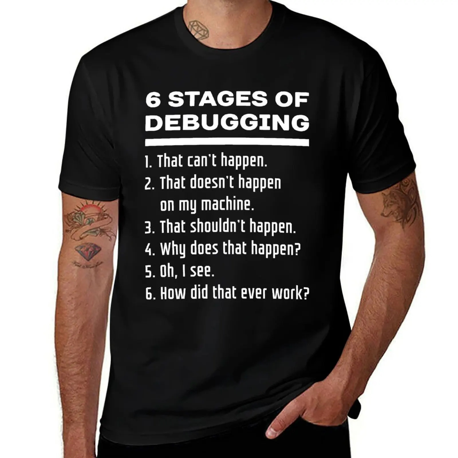 Six Stages of Debugging Funny Software Development Design White Text T-Shirt man t shirts cotton t shirts cotton 100% T-Shirt
Six Stages of Debugging Funny Software Development Design White Text T-Shirt man t shirts cotton t shirts cotton 100% T-Shirt
