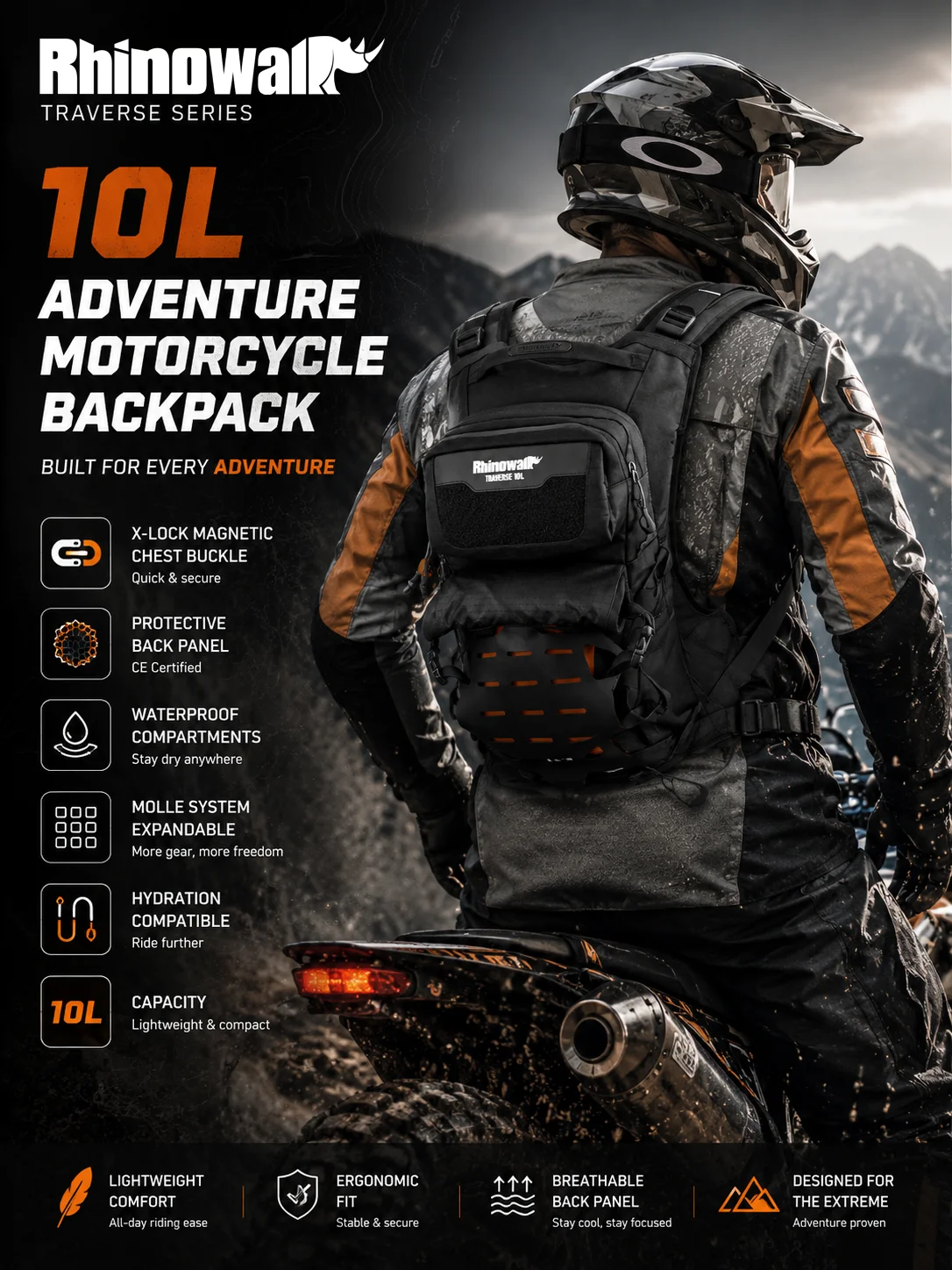 Rhinowalk Traverse 10L Motorcycle Riding Backpack, Waterproof ADV Travel Pack with MOLLE System Hydration Sleeve Back Protection
Rhinowalk Traverse 10L Motorcycle Riding Backpack, Waterproof ADV Travel Pack with MOLLE System Hydration Sleeve Back Protection