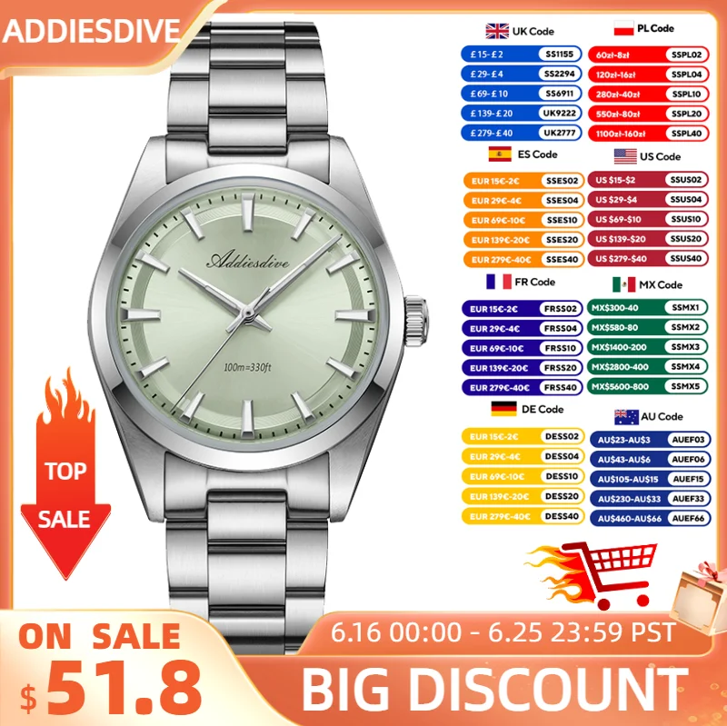 ADDIESDIVE Watch For Men New 36mm Quartz AR Coating Dome Glass Luminous 100m Waterproof Stainless Steel VH31 Wristwatch AD2066
ADDIESDIVE Watch For Men New 36mm Quartz AR Coating Dome Glass Luminous 100m Waterproof Stainless Steel VH31 Wristwatch AD2066