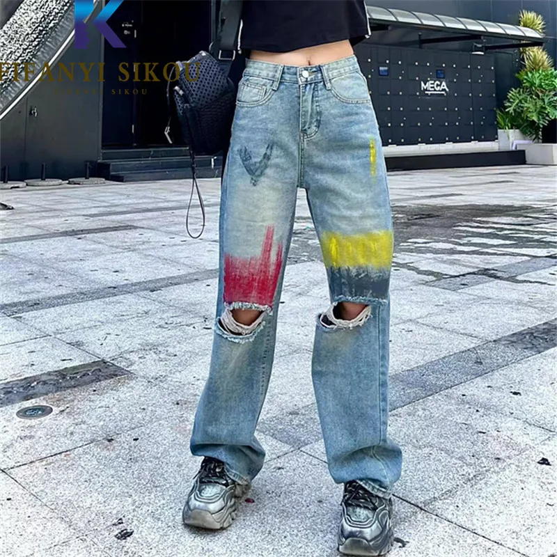 Blue Ripped Jeans Women Autumn Loose High Waist Denim Straight Pants Pocket Fashion Print Washed Jeans Female Streetwear
Blue Ripped Jeans Women Autumn Loose High Waist Denim Straight Pants Pocket Fashion Print Washed Jeans Female Streetwear