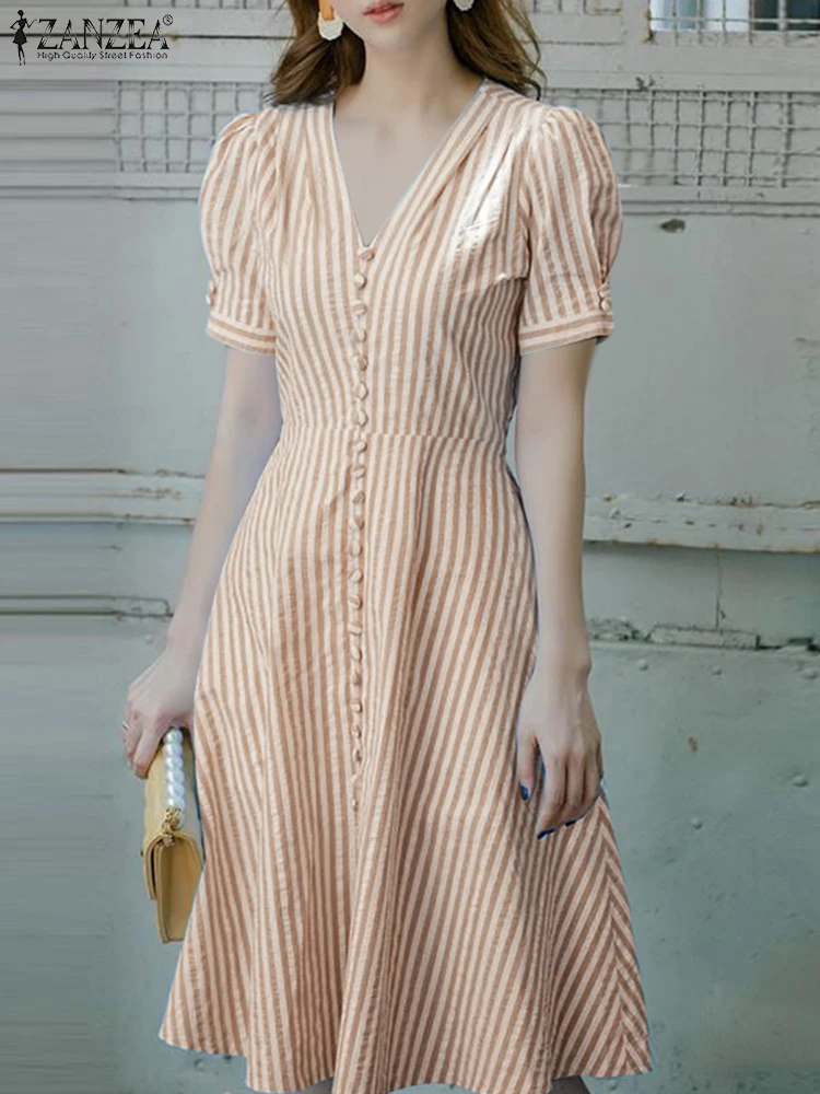 ZANZEA Women Elegant Striped Midi Dresses 2025 Summer Fashion V-Neck Short Puff Sleeve Fitted Waist A-Line Robes Femme Korean
ZANZEA Women Elegant Striped Midi Dresses 2025 Summer Fashion V-Neck Short Puff Sleeve Fitted Waist A-Line Robes Femme Korean