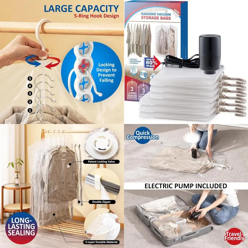 6-Pack Hanging Vacuum Storage Bags with Electric Pump for Clothes, Ideal for Suits, Dresses, and Jackets (3 Long, 3 Short)
6-Pack Hanging Vacuum Storage Bags with Electric Pump for Clothes, Ideal for Suits, Dresses, and Jackets (3 Long, 3 Short)