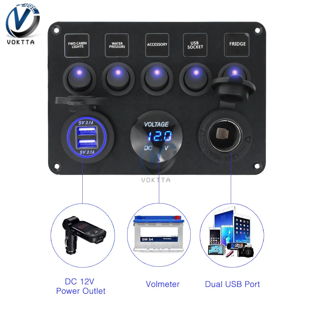 5-рядная панель выключателя лодки, автомобильный выключатель, водонепроницаемый цифровой 12-24 В, двухпортовый разъем, комбинированный USB-вольтметр, морской светодиодный клавишный
5-рядная панель выключателя лодки, автомобильный выключатель, водонепроницаемый цифровой 12-24 В, двухпортовый разъем, комбинированный USB-вольтметр, морской светодиодный клавишный