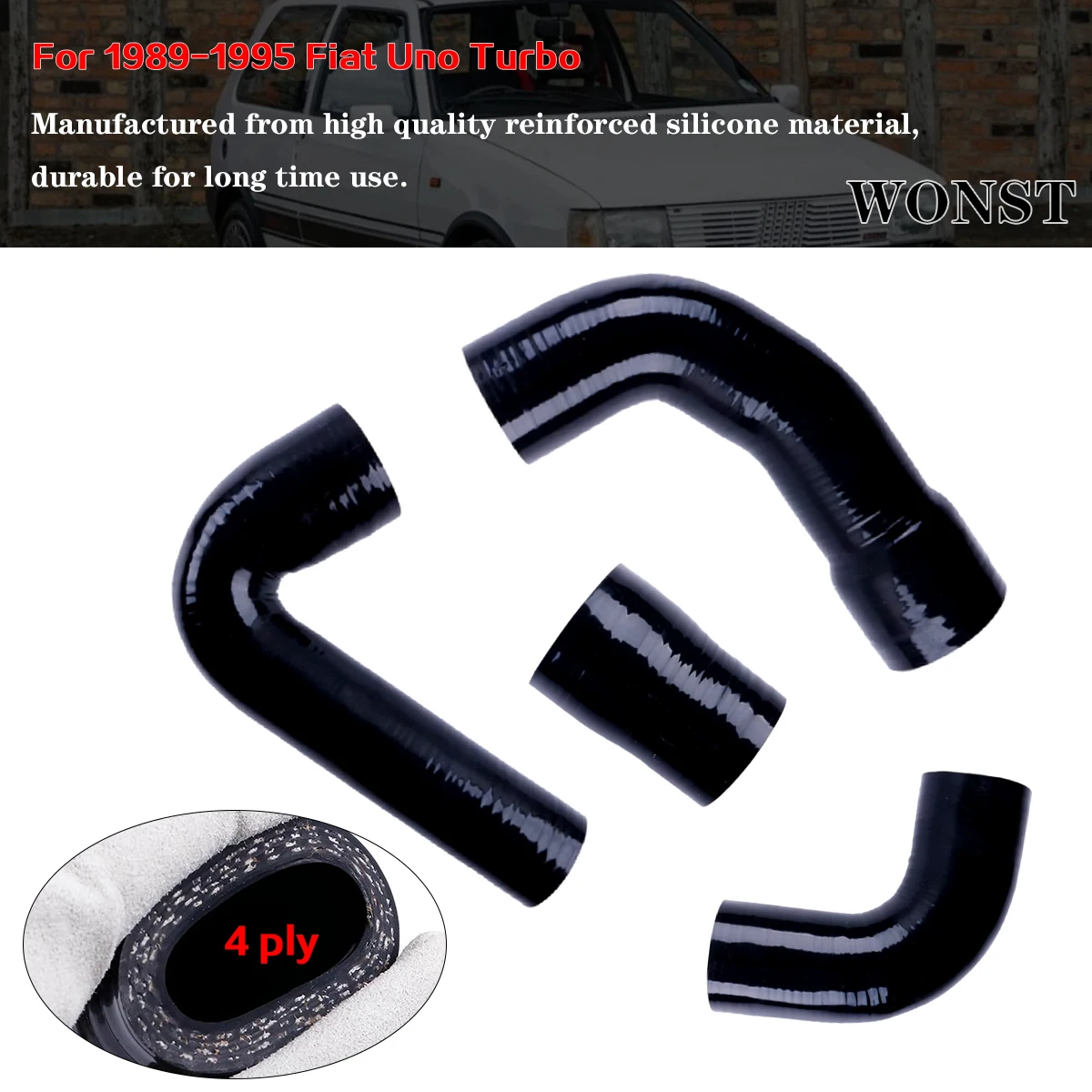 4 шт. шланги интеркулера для Fiat Uno Turbo IE 1400 MK2 1.4L 1989-1995 годов, набор силиконовых трубок Turbo Boost 
4 шт. шланги интеркулера для Fiat Uno Turbo IE 1400 MK2 1.4L 1989-1995 годов, набор силиконовых трубок Turbo Boost