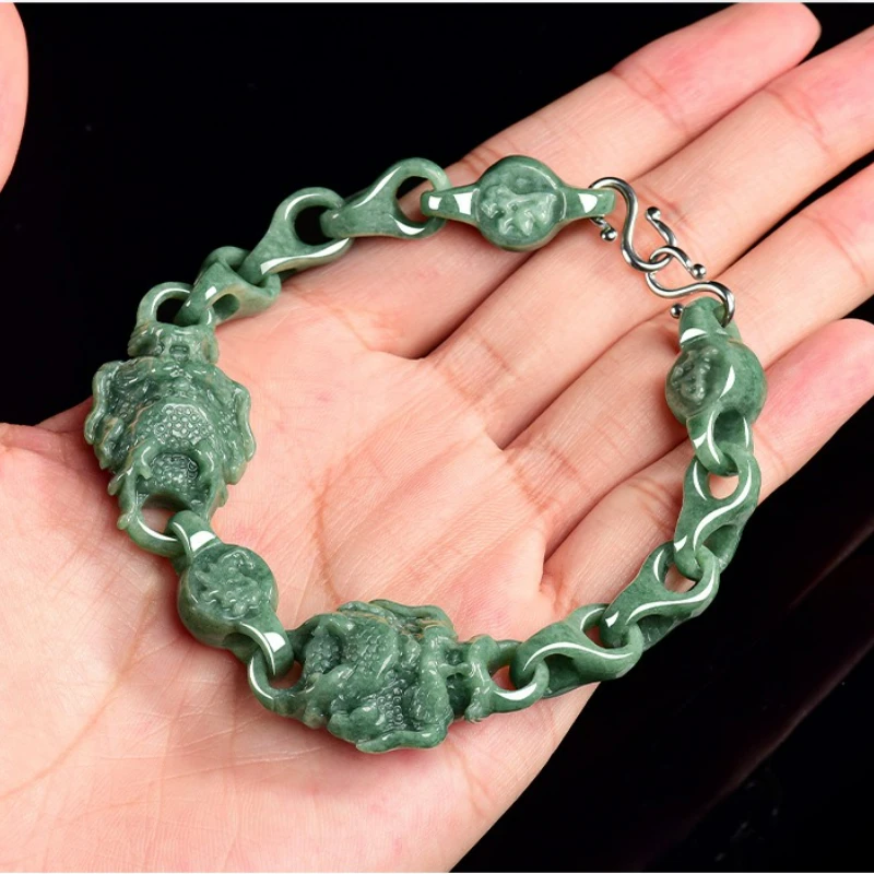 Natural Jade Bean Green Domineering Double Dragon Interlocking Bracelet Jadeite Bangle Fashion Men's Exquisite Accessories Gift
Natural Jade Bean Green Domineering Double Dragon Interlocking Bracelet Jadeite Bangle Fashion Men's Exquisite Accessories Gift