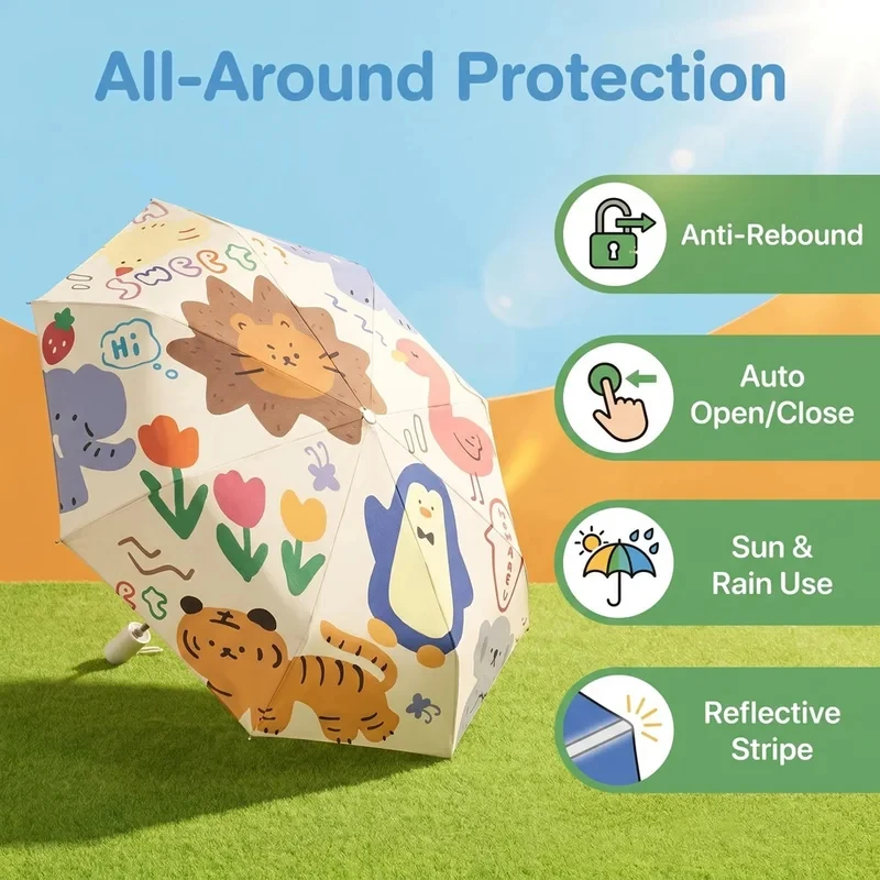 Free Shipping Automatic Foldable Kids Umbrella Anti Rebound 360 Reflective Strip Sun Rain Umbrella For Elementary Students
Free Shipping Automatic Foldable Kids Umbrella Anti Rebound 360 Reflective Strip Sun Rain Umbrella For Elementary Students