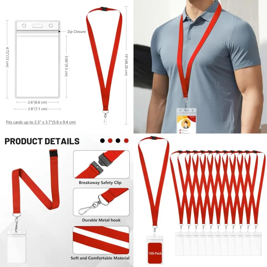 100-Pack Red Breakaway Lanyards with Waterproof Badge Holders, Polyester Neck Straps for ID Cards, Events, Office, and Schools
100-Pack Red Breakaway Lanyards with Waterproof Badge Holders, Polyester Neck Straps for ID Cards, Events, Office, and Schools