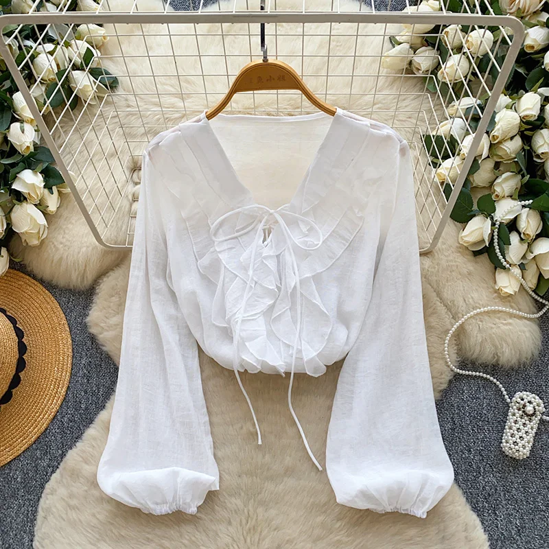 Spring French Long Sleeved Ruffled V-neck Blouse for Women Fashionable White Casual Versatile Loose Chic Top
Spring French Long Sleeved Ruffled V-neck Blouse for Women Fashionable White Casual Versatile Loose Chic Top