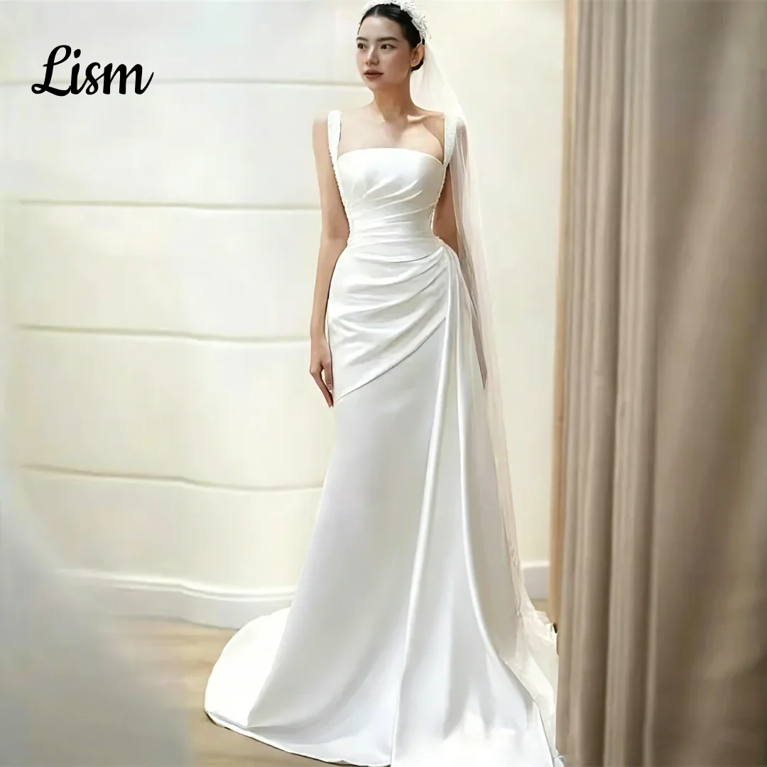 Lism Elegant White Mermaid Korea Wedding Dresses Wide Straps Pleats Floor Length Modest Bridal Gowns Robe de mariage Customized
Lism Elegant White Mermaid Korea Wedding Dresses Wide Straps Pleats Floor Length Modest Bridal Gowns Robe de mariage Customized
