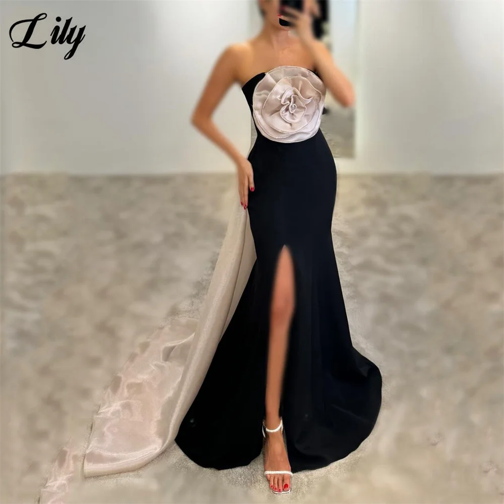 Lily Black Elegant Evening Dresses Strapless Satin Mermaid Formal Gown with 3D Flower and Side Split Trailing 프롬 드레스 Customized
Lily Black Elegant Evening Dresses Strapless Satin Mermaid Formal Gown with 3D Flower and Side Split Trailing 프롬 드레스 Customized