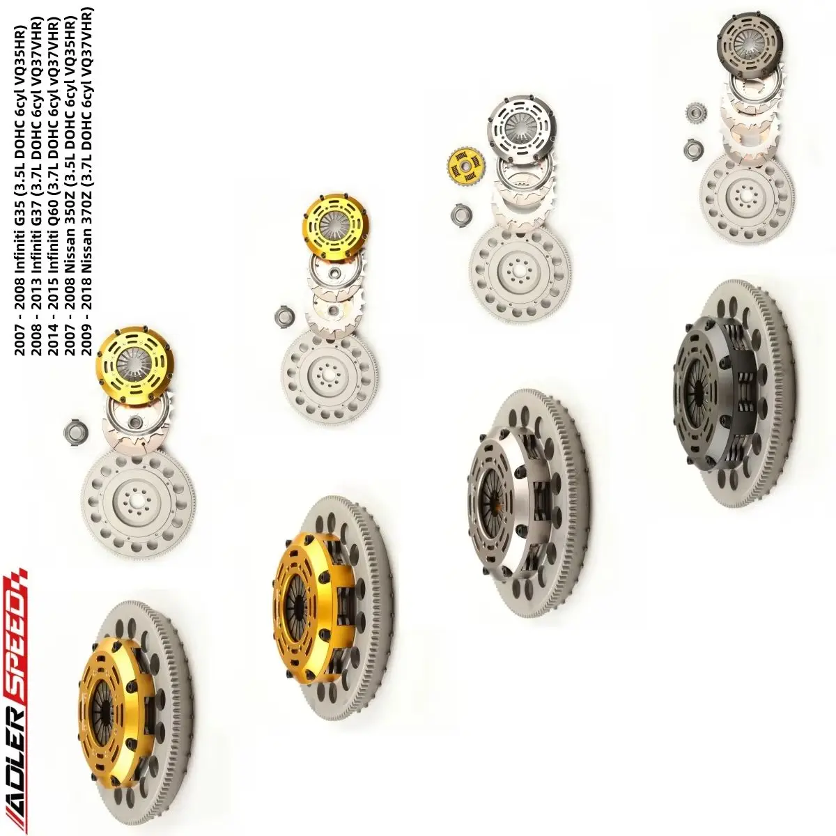 ADLERSPEED Sprung Clutch/Racing Clutch/Single/Twin/Triple Disc For Infiniti G35 G37 Q60/Nissan 350Z 370Z 3.5L 3.7L VQ35HR/VQ37VH
ADLERSPEED Sprung Clutch/Racing Clutch/Single/Twin/Triple Disc For Infiniti G35 G37 Q60/Nissan 350Z 370Z 3.5L 3.7L VQ35HR/VQ37VH