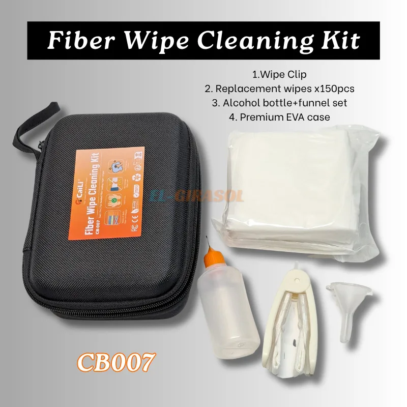 CB-007 Fiber Optic Cleaning Kit Lint-Free Wipes with Wipe Clip Alcohol Bottle for FTTH Ribbon & Multi Fiber Cleaning
CB-007 Fiber Optic Cleaning Kit Lint-Free Wipes with Wipe Clip Alcohol Bottle for FTTH Ribbon & Multi Fiber Cleaning