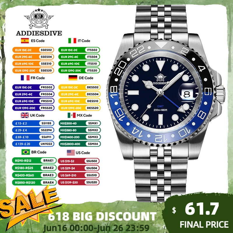 ADDIESDIVE Top Brand Stainless Steel GMT Men Quartz Watch Super Luminous AD2050 Reloj Hombre 200M Waterproof Luxury Dive Watches
ADDIESDIVE Top Brand Stainless Steel GMT Men Quartz Watch Super Luminous AD2050 Reloj Hombre 200M Waterproof Luxury Dive Watches