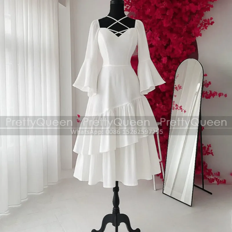 White Tea Length Bridesmaid Dresses Long Sleeves Tiered A Line Customized Criss Cross Square Neck Wedding Party Dress
White Tea Length Bridesmaid Dresses Long Sleeves Tiered A Line Customized Criss Cross Square Neck Wedding Party Dress