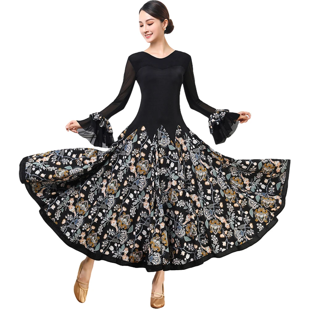 Long Sleeve Ballroom Waltz Competition dress Black Stage Costume Slim Modern Dance Print Flamenco Skirt Standard
Long Sleeve Ballroom Waltz Competition dress Black Stage Costume Slim Modern Dance Print Flamenco Skirt Standard