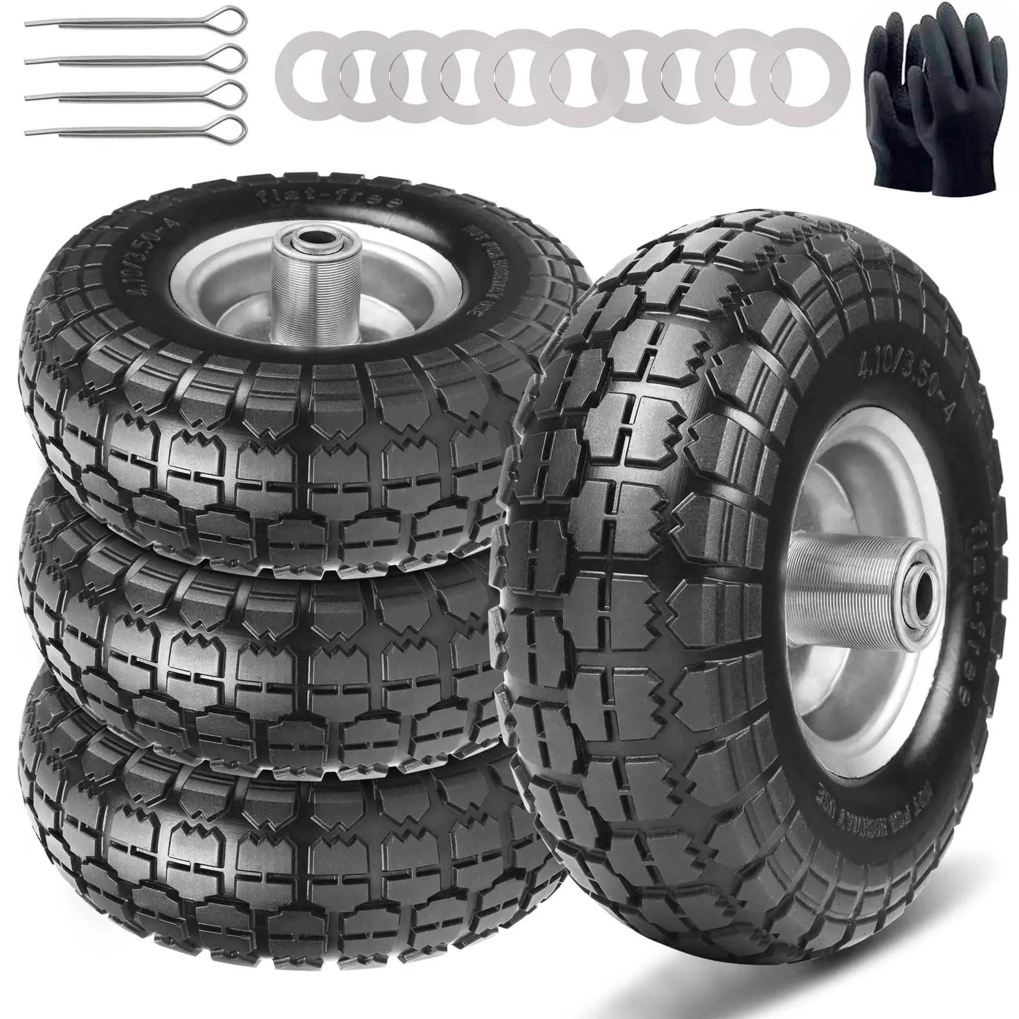 4-Pack 10 Inch Flat-Free Solid Rubber Wheels 4.10/3.50-4 For Hand Trucks, Wheelbarrows And Garden Wagons With 5/8 Inch Axle
4-Pack 10 Inch Flat-Free Solid Rubber Wheels 4.10/3.50-4 For Hand Trucks, Wheelbarrows And Garden Wagons With 5/8 Inch Axle