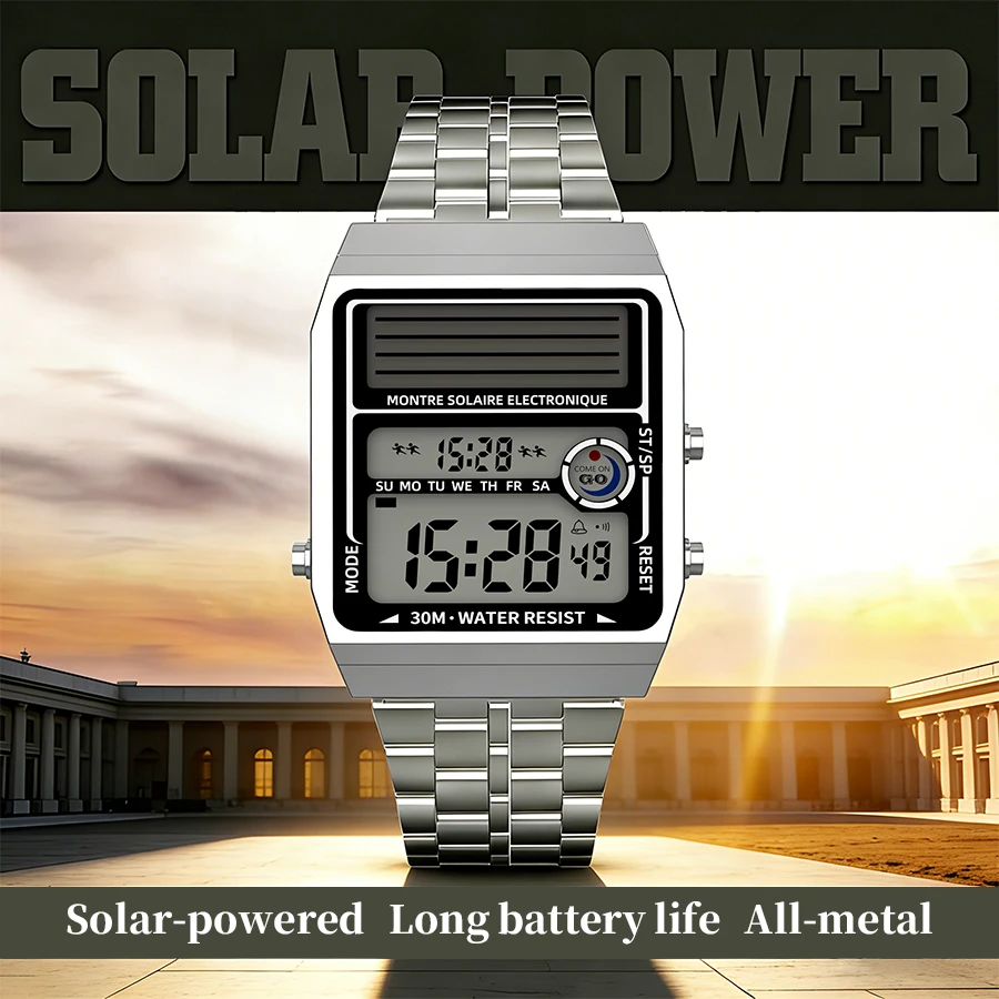 Men Square Solar Digital Watch Full Steel Luxury Wristwatch 30M Waterproof Week Alarm Long Endurance Solar Power Fashion Sports
Men Square Solar Digital Watch Full Steel Luxury Wristwatch 30M Waterproof Week Alarm Long Endurance Solar Power Fashion Sports