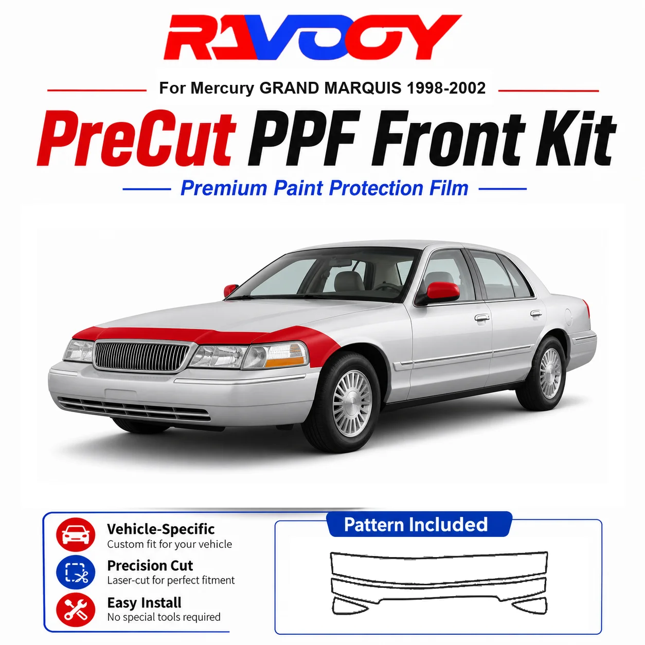 8.5mil TPU Precut PPF Kit For Mercury GRAND MARQUIS 1998-2002 - Hood, Fenders & Mirror Set - Self-Healing Clear Bra Film
8.5mil TPU Precut PPF Kit For Mercury GRAND MARQUIS 1998-2002 - Hood, Fenders & Mirror Set - Self-Healing Clear Bra Film
