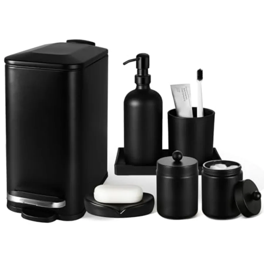 Matte Black Bathroom Accessories Set 7 Pcs with Trash Can Soap Dispenser Toothbrush Holder Soap Dish Vanity Tray Qtip Holder Mo
Matte Black Bathroom Accessories Set 7 Pcs with Trash Can Soap Dispenser Toothbrush Holder Soap Dish Vanity Tray Qtip Holder Mo