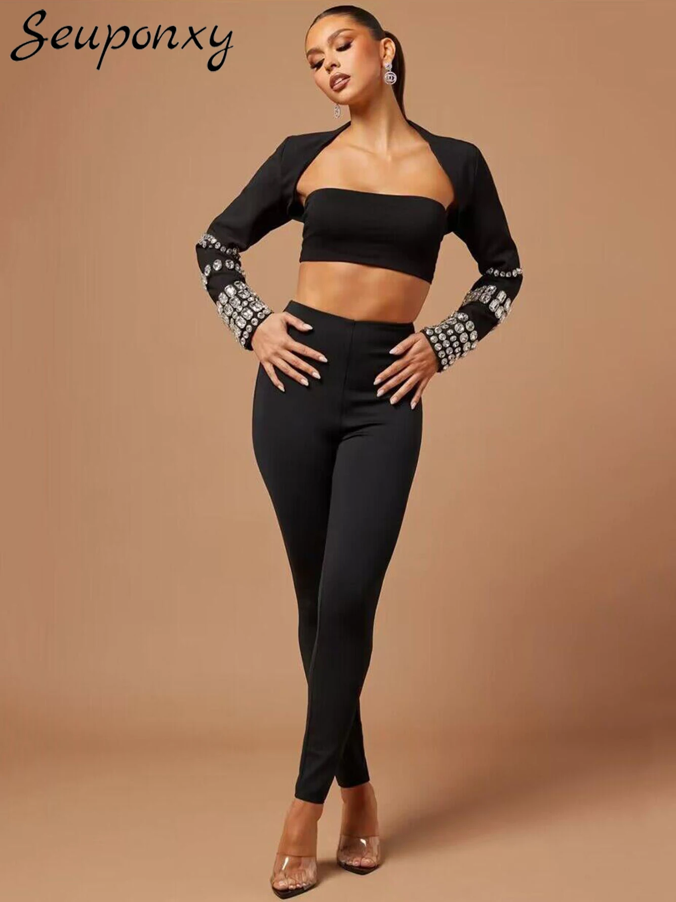 High Quality New Black Women'S Fashion Bandage 3 Piece Set Sexy Long Sleeved Crystal Top+Bra+Pencil Pants Nightclub Party Set
High Quality New Black Women'S Fashion Bandage 3 Piece Set Sexy Long Sleeved Crystal Top+Bra+Pencil Pants Nightclub Party Set