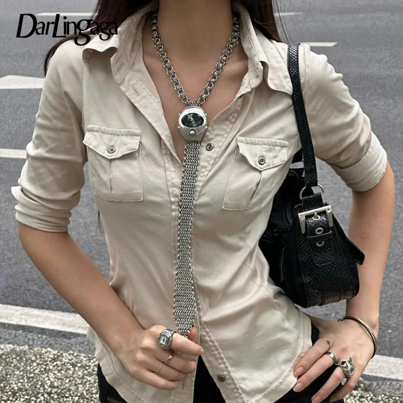 Darlingaga Streetwear Khaki Cargo Pockets Slimming Knitted Shirts Women Breasted Half Sleeve Design Summer Tops Daily Blouse New 
Darlingaga Streetwear Khaki Cargo Pockets Slimming Knitted Shirts Women Breasted Half Sleeve Design Summer Tops Daily Blouse New