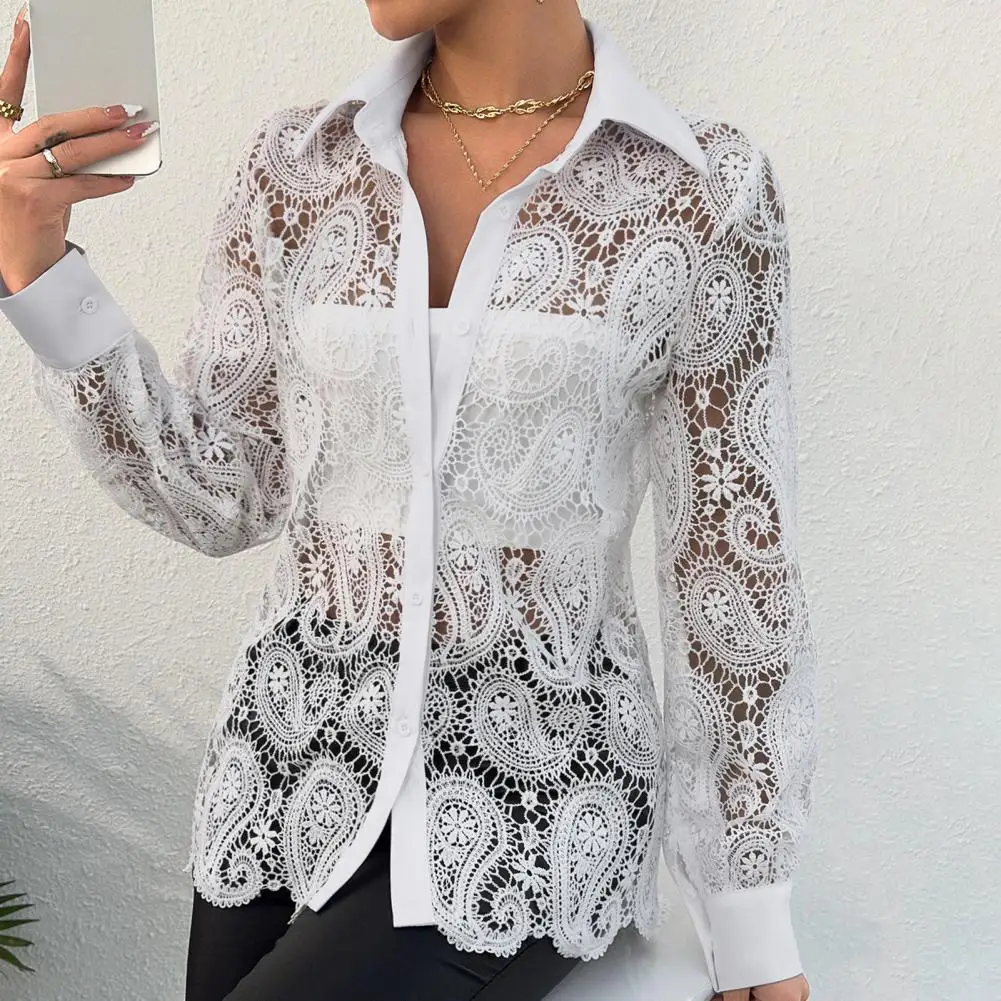 Long Sleeve Lace V-neck Shirt Women Top Elegant Lace Hollow Out Women's Shirt with Single-breasted for Breathable for Beach
Long Sleeve Lace V-neck Shirt Women Top Elegant Lace Hollow Out Women's Shirt with Single-breasted for Breathable for Beach