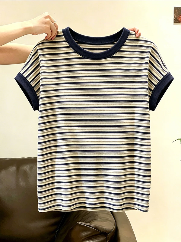 plus Size Striped round Neck Short Sleeve T-Shirt Women's Summer New Fashion Loose Slimming Casual Top Korean Style Commute Wind
plus Size Striped round Neck Short Sleeve T-Shirt Women's Summer New Fashion Loose Slimming Casual Top Korean Style Commute Wind