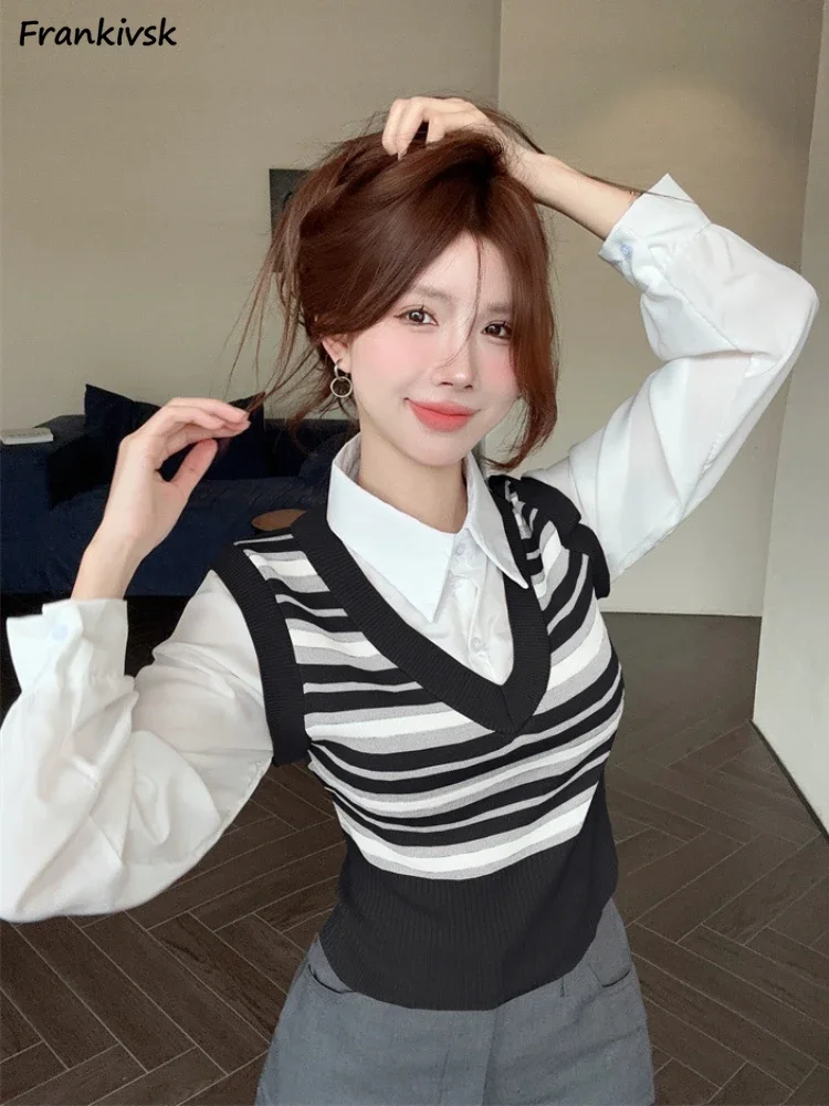 Sweaters Women Striped Panelled All-match Sweet Fake Two Piece Students Trendy Streetwear Korean Style Knitted Stylish Spring
Sweaters Women Striped Panelled All-match Sweet Fake Two Piece Students Trendy Streetwear Korean Style Knitted Stylish Spring