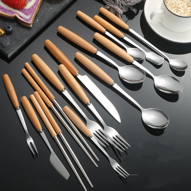 Japanese Wooden Handle Stainless Steel Cutlery Set Spoon Fork Knife Chopsticks Tableware for Hotel Coffee house
Japanese Wooden Handle Stainless Steel Cutlery Set Spoon Fork Knife Chopsticks Tableware for Hotel Coffee house