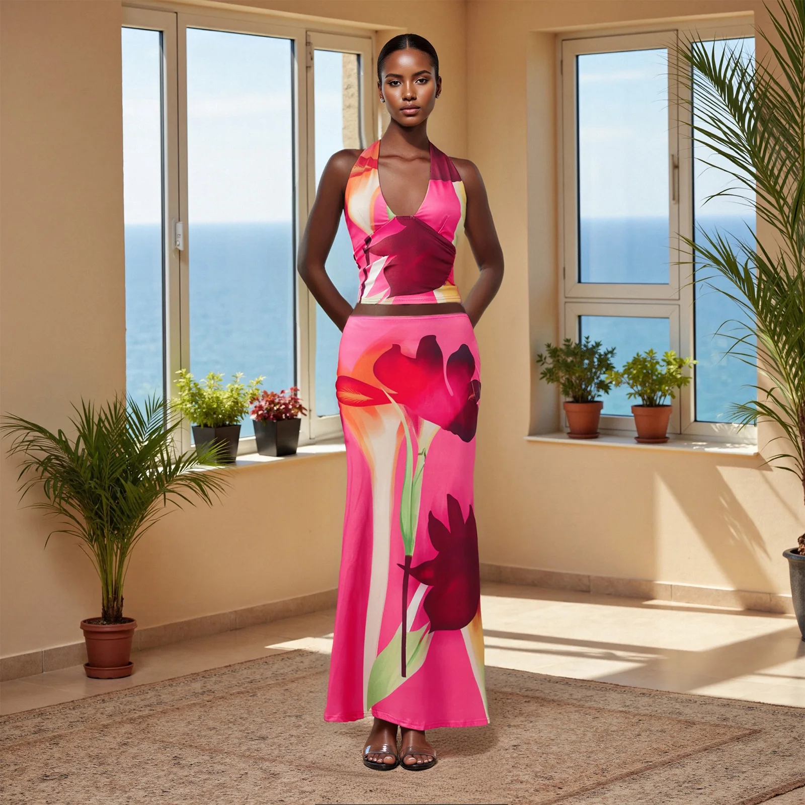 Women's Summer Sexy 2 Pieces Outfits Floral Print Halter Cropped Tank Tops + Slim Fit Bodycon Skirt Set Party Clothes 
Women's Summer Sexy 2 Pieces Outfits Floral Print Halter Cropped Tank Tops + Slim Fit Bodycon Skirt Set Party Clothes