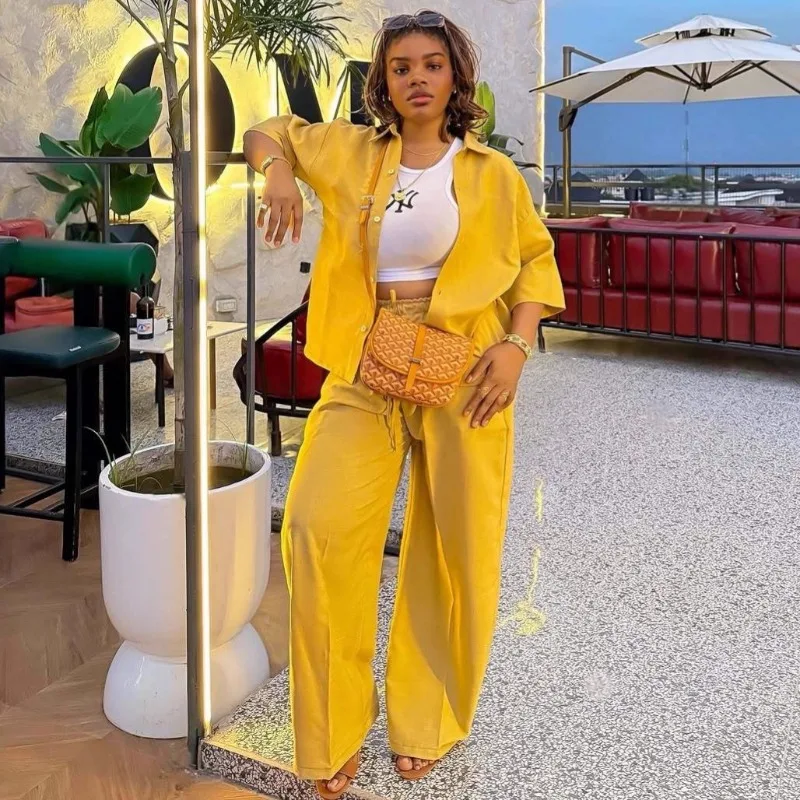 African Women Yellow 2 Piece Outfits Solid Color Button Down Shirt & Drawstring Wide Leg Pants Casual Set Loungewear Streetwear
African Women Yellow 2 Piece Outfits Solid Color Button Down Shirt & Drawstring Wide Leg Pants Casual Set Loungewear Streetwear