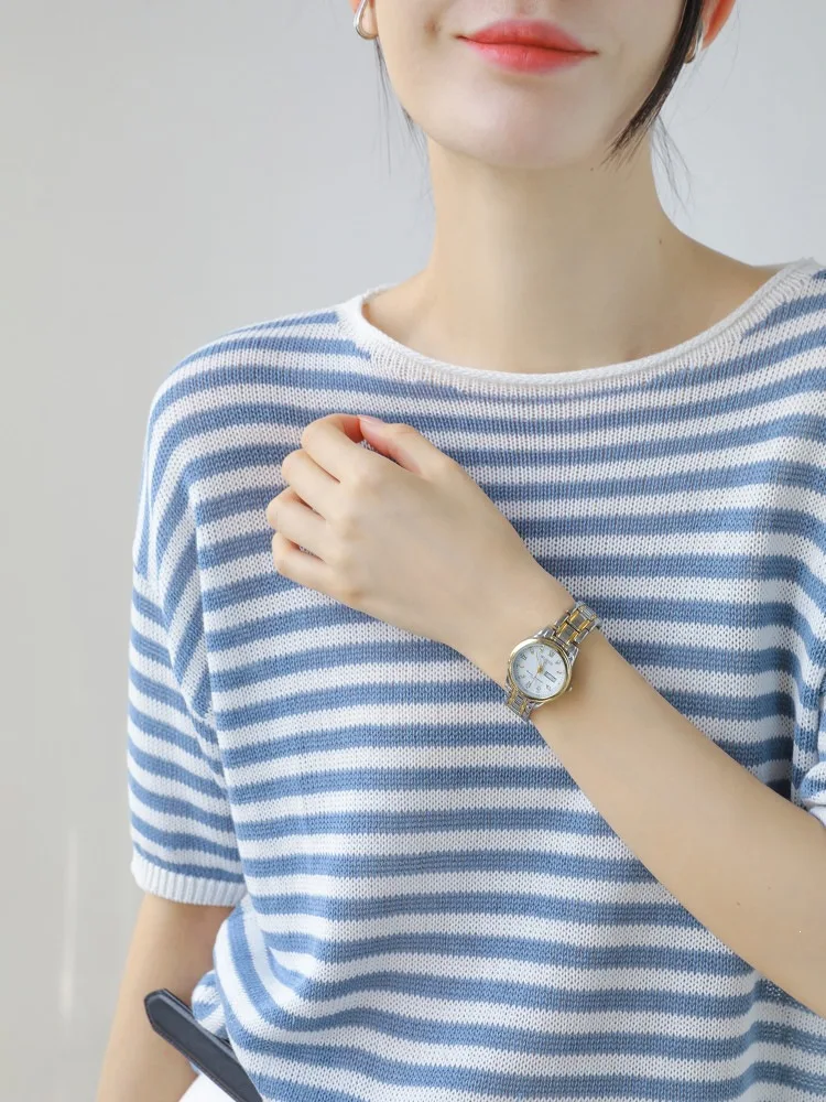 Women's Blue Striped Short Sleeve Knit Top Loose Fit Summer T-Shirt with Lyocell Cotton Base Layer Rolled Neck
Women's Blue Striped Short Sleeve Knit Top Loose Fit Summer T-Shirt with Lyocell Cotton Base Layer Rolled Neck