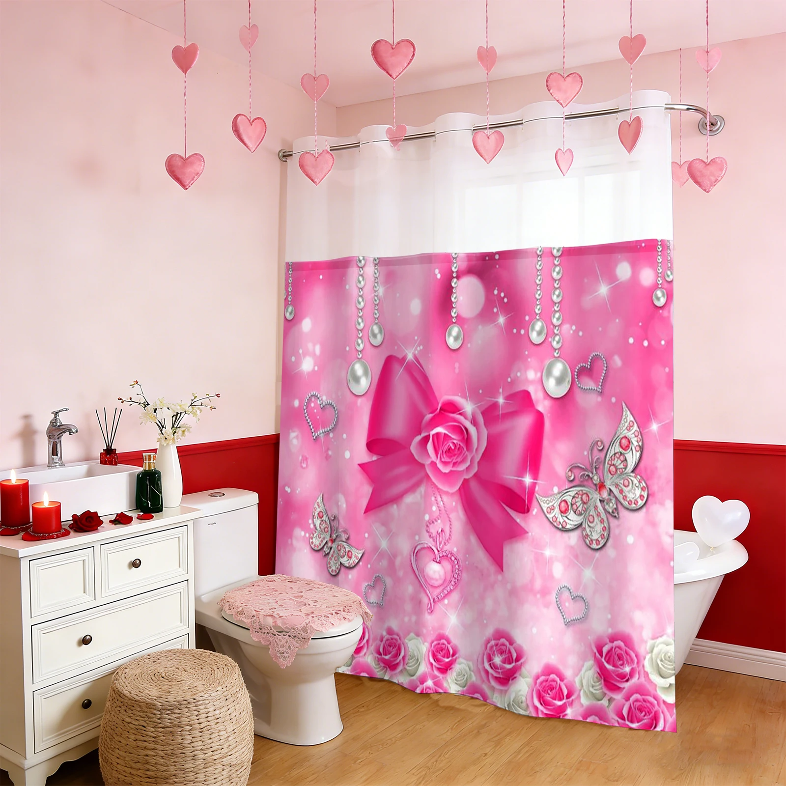 Занавеска для душа без крючка на День святого Валентина, розовая занавеска для душа с тканевой подкладкой, прозрачное верхнее окно, двухслойная занавеска для ванны
Занавеска для душа без крючка на День святого Валентина, розовая занавеска для душа с тканевой подкладкой, прозрачное верхнее окно, двухслойная занавеска для ванны