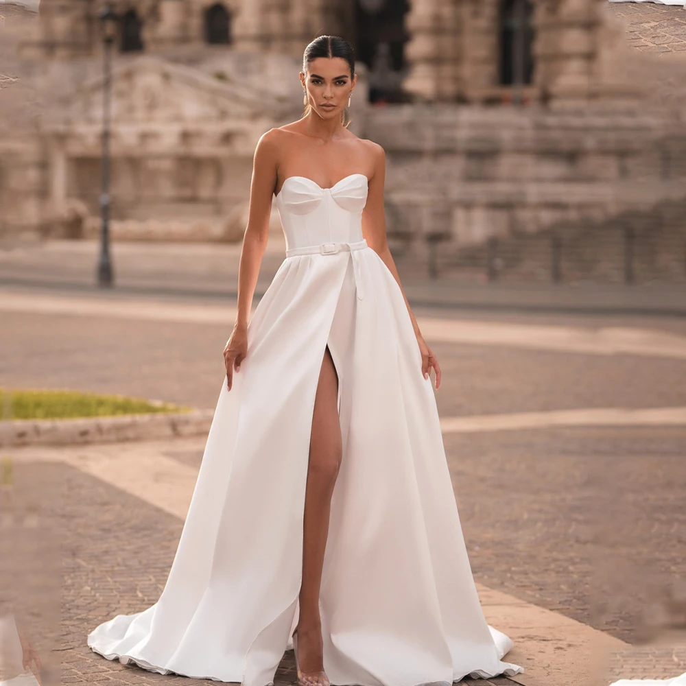 Beautiful Pleat Sweetheart Satin A Line Wedding Dresses Side Slit Bridal Grown Vestido De Noival
Beautiful Pleat Sweetheart Satin A Line Wedding Dresses Side Slit Bridal Grown Vestido De Noival