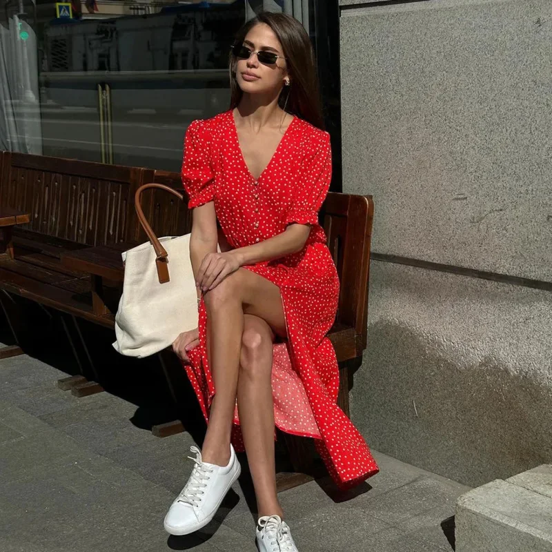 Chic Polka Dot Dress Summer V-Neck Waist-Cinching Dress Sexy Slit Mid-Length Red Short-Sleeved Dress Fashion Women Casual Dress
Chic Polka Dot Dress Summer V-Neck Waist-Cinching Dress Sexy Slit Mid-Length Red Short-Sleeved Dress Fashion Women Casual Dress
