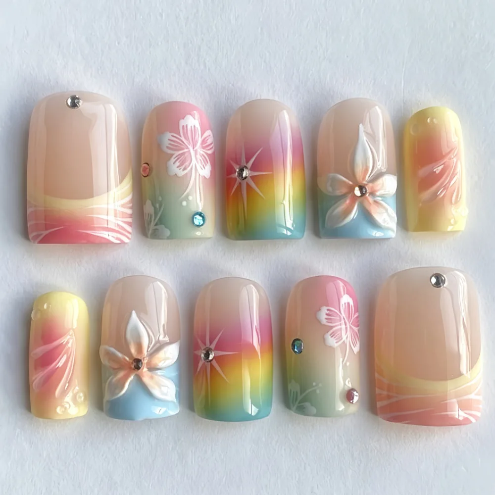 24PCS Rainbow Gradient Floral Press on Nails White Butterfly Flower Colorful Rhinestone Star Decor Square Acrylic False Nails
24PCS Rainbow Gradient Floral Press on Nails White Butterfly Flower Colorful Rhinestone Star Decor Square Acrylic False Nails