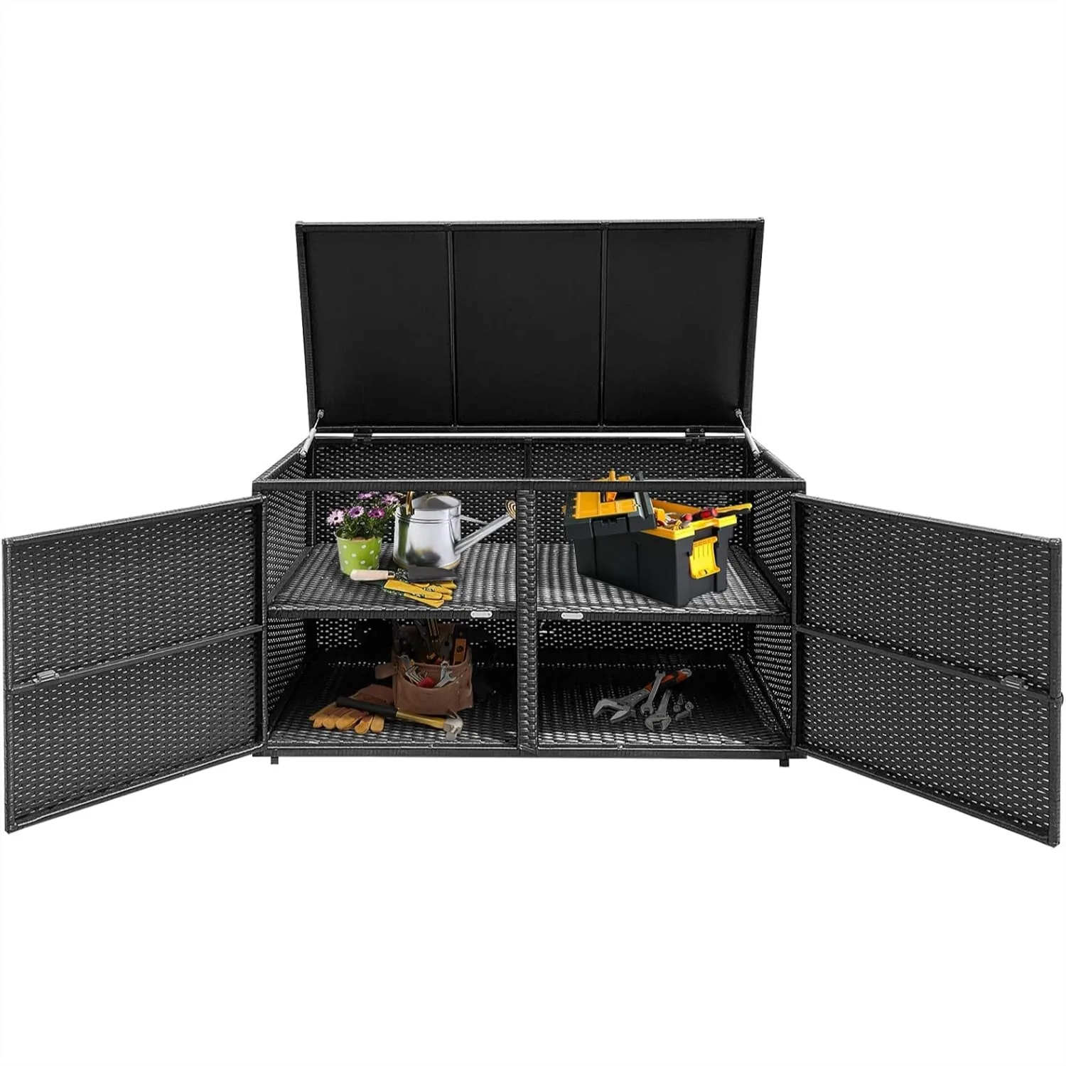 88 Gallon Outdoor Wicker Storage Box with Steel Frame, Double Doors & Flip Lid for Garden Tools, Black
88 Gallon Outdoor Wicker Storage Box with Steel Frame, Double Doors & Flip Lid for Garden Tools, Black
