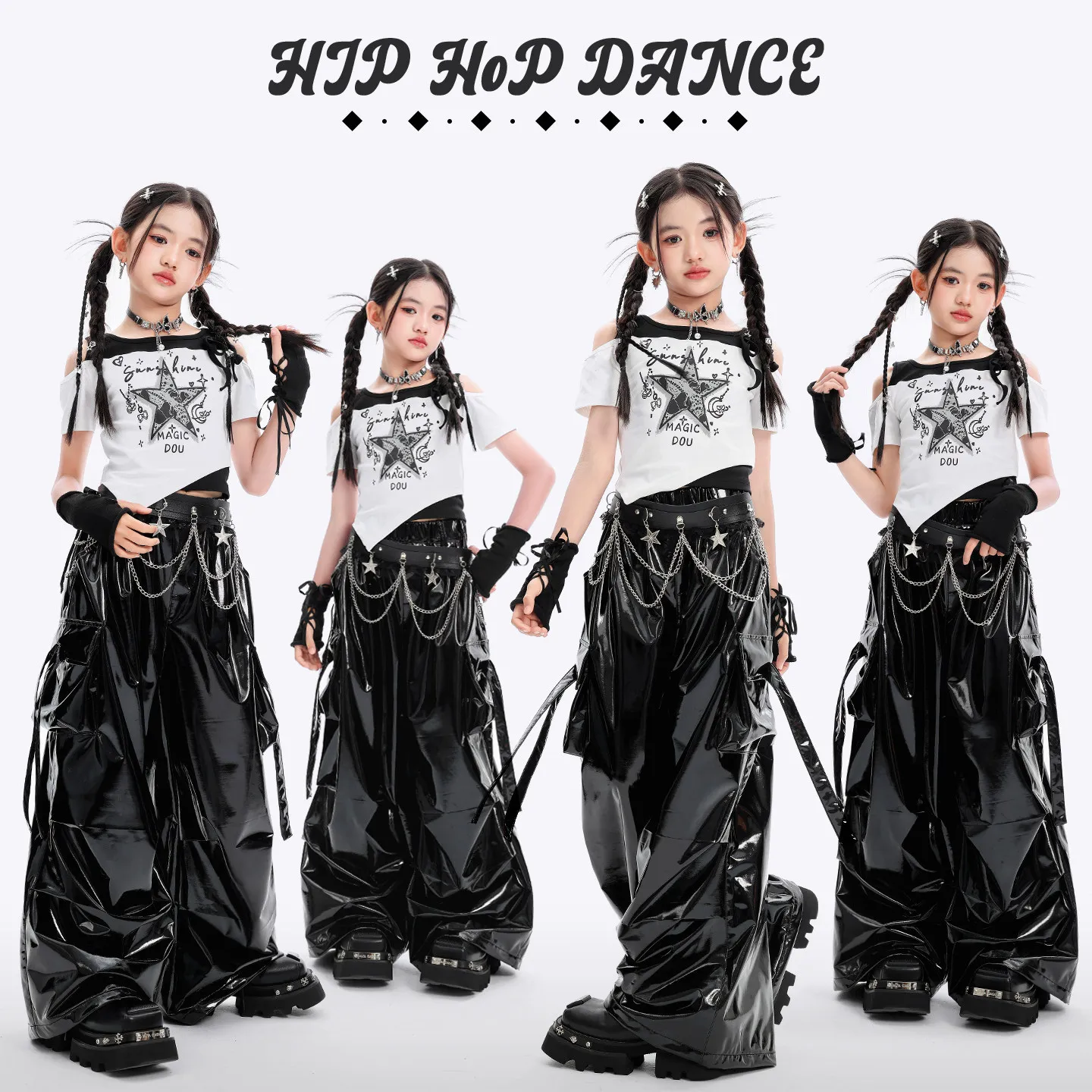 Girls Hip Hop Dance Outfit Star Print Crop Top with Chain Pants Set for Kids Streetwear Stage Performance Costume with Gloves
Girls Hip Hop Dance Outfit Star Print Crop Top with Chain Pants Set for Kids Streetwear Stage Performance Costume with Gloves