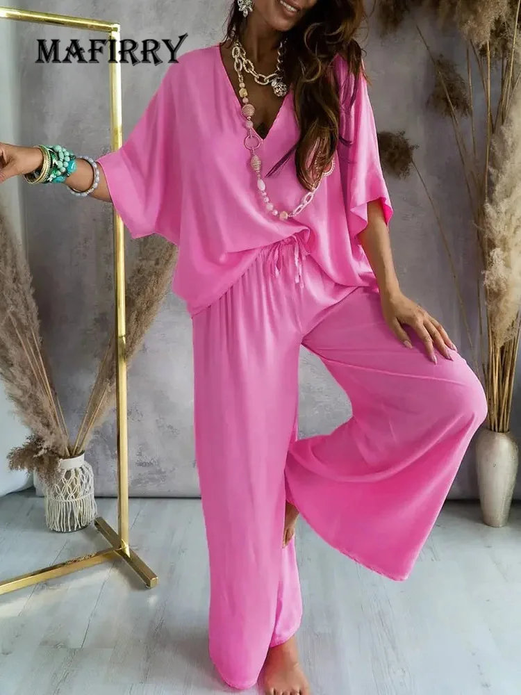 Women Loungewear Solid Three Quarter Sleeve 2PCS Outfit Summer V-Neck Pullover Top Sportswear Suit Wide Leg Pants Streetwear Set
Women Loungewear Solid Three Quarter Sleeve 2PCS Outfit Summer V-Neck Pullover Top Sportswear Suit Wide Leg Pants Streetwear Set