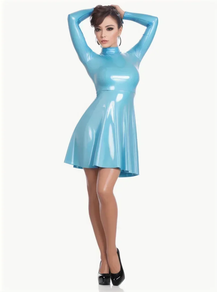 Light Blue Shiny Latex Dress Women's High Neck Long Sleeve Flared Rubber Skirt Mini Dress
Light Blue Shiny Latex Dress Women's High Neck Long Sleeve Flared Rubber Skirt Mini Dress 